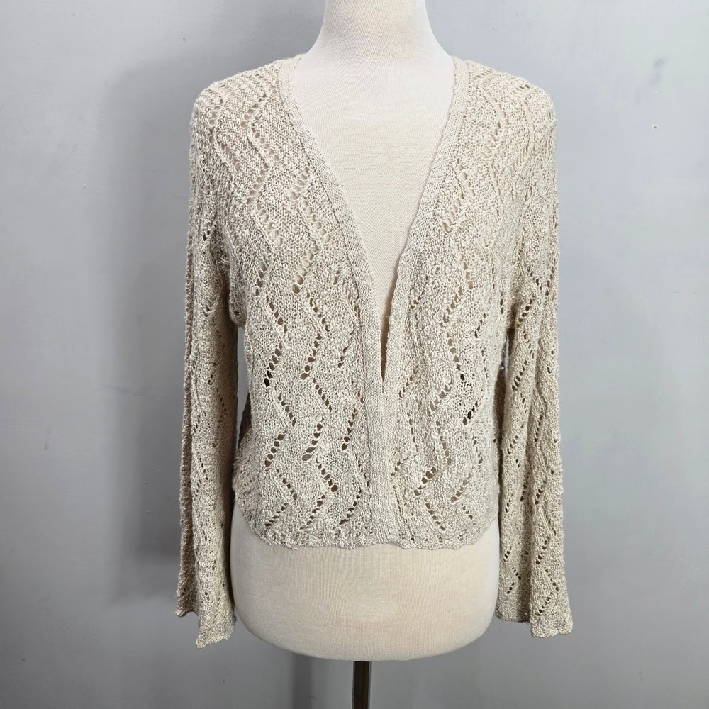 Open Knit Pointelle Sweater Cardigan XL Beige Bell Sleeve Boho Cottage Fairy Y2K